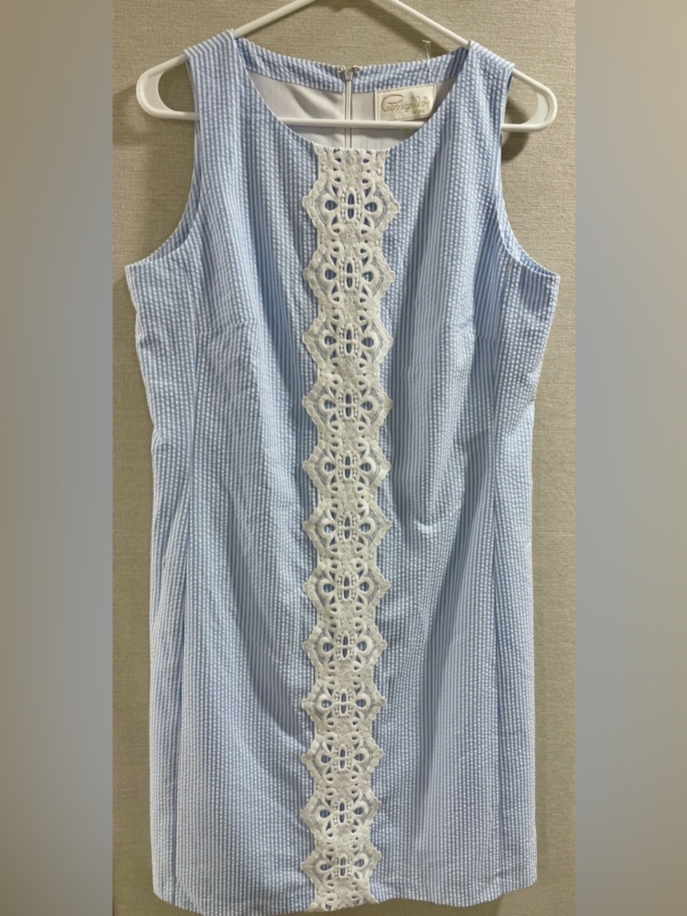 Pappagallo Seersucker Shift Dress Size 8 Blue White Lace Preppy